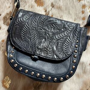 Dark Blue Embossed Leather Crossbody Bag
